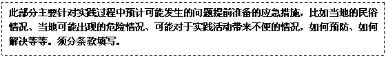 文本框: 此部分主要针对实践过程中预计可能发生的问题提前准备的应急措施，比如当地的民俗情况、当地可能出现的危险情况、可能对于实践活动带来不便的情况，如何预防、如何解决等等。须分条款填写。