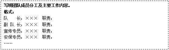 文本框: 写明团队成员分工及主要工作内容。
      格式：
      队    长：×××  职责：
      副 队 长：×××  职责：
      宣传专员：×××  职责：
      安保专员：×××  职责：
      ……
      