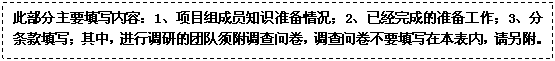 文本框: 此部分主要填写内容：1、项目组成员知识准备情况；2、已经完成的准备工作；3、分条款填写；其中，进行调研的团队须附调查问卷，调查问卷不要填写在本表内，请另附。